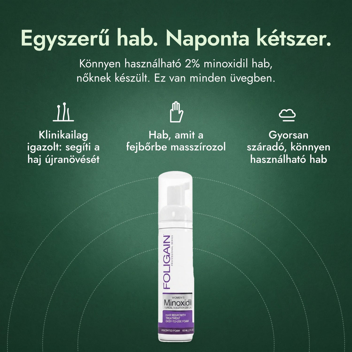 Foligain Minoxidil 2% hab nőknek: Egyszerű hab. Naponta kétszer. Klinikailag igazolt: segíti a haj újranövését, Hab, amit a fejbőrbe masszírozol, Gyorsan száradó, könnyen használható hab