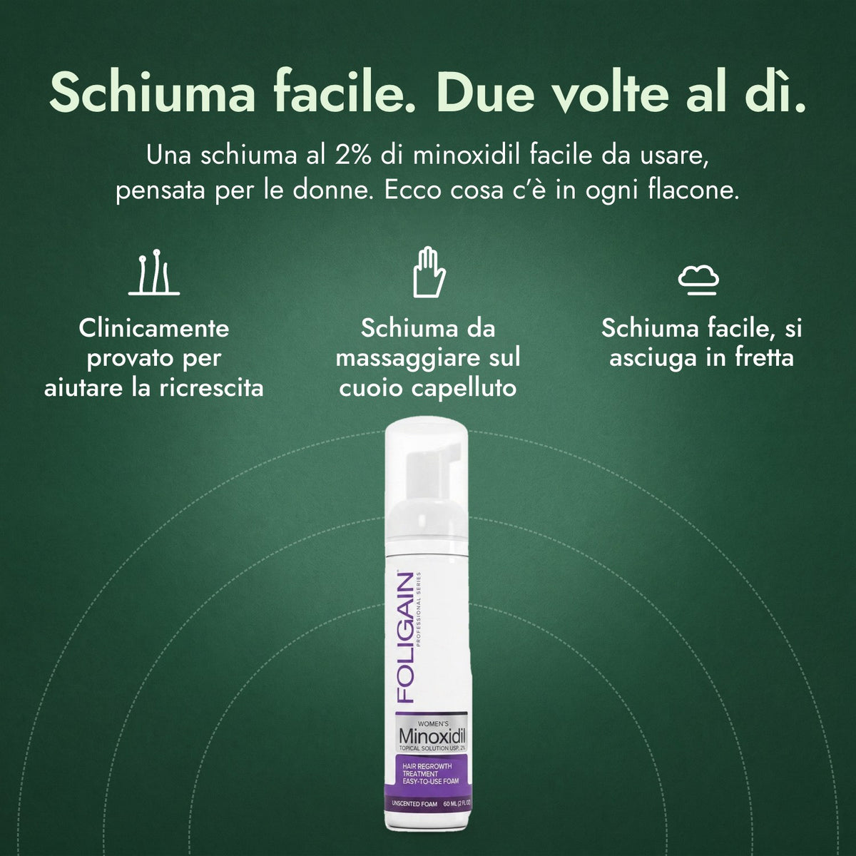 Foligain Minoxidil 2% Schiuma Donna: Schiuma facile. Due volte al dì. Clinicamente provato per aiutare la ricrescita, Schiuma da massaggiare sul cuoio capelluto, Schiuma facile, si asciuga in fretta