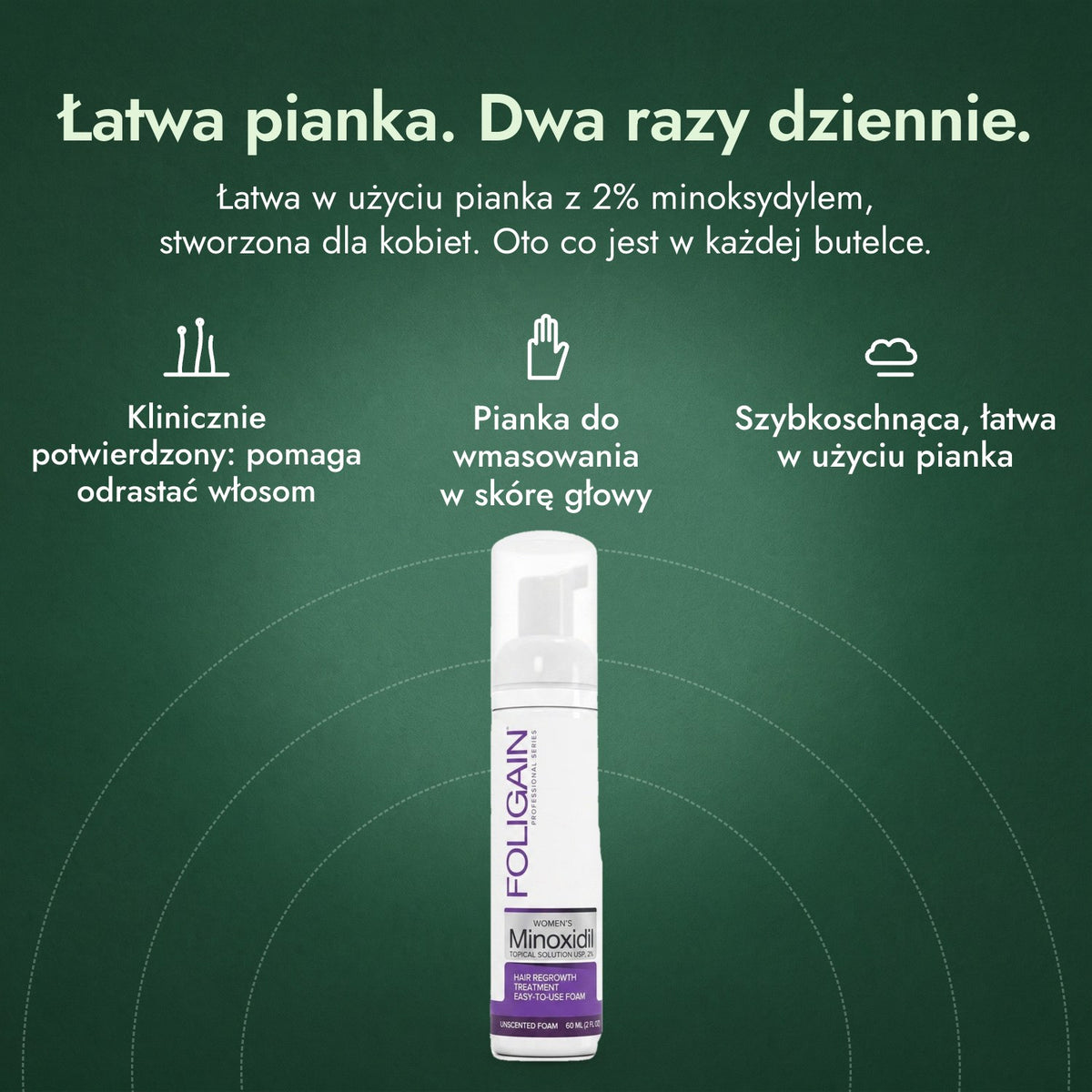 Foligain pianka z minoksydylem 2% dla kobiet: Łatwa pianka. Dwa razy dziennie. Klinicznie potwierdzony: pomaga odrastać włosom, Pianka do wmasowania w skórę głowy, Szybkoschnąca, łatwa w użyciu pianka