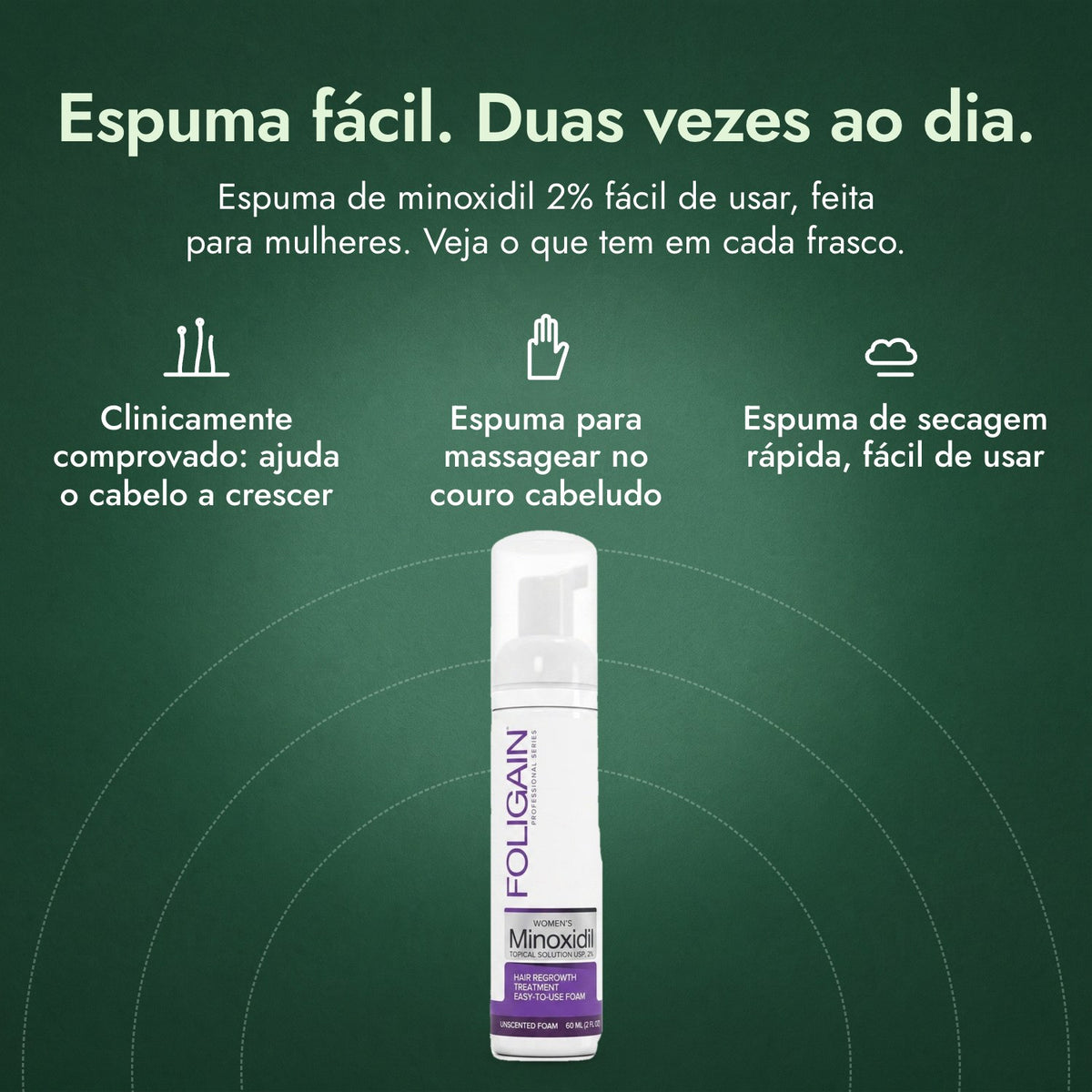 Foligain Minoxidil 2% Espuma para Mulheres: Espuma fácil. Duas vezes ao dia. Clinicamente comprovado: ajuda o cabelo a crescer, Espuma para massagear no couro cabeludo, Espuma de secagem rápida, fácil de usar