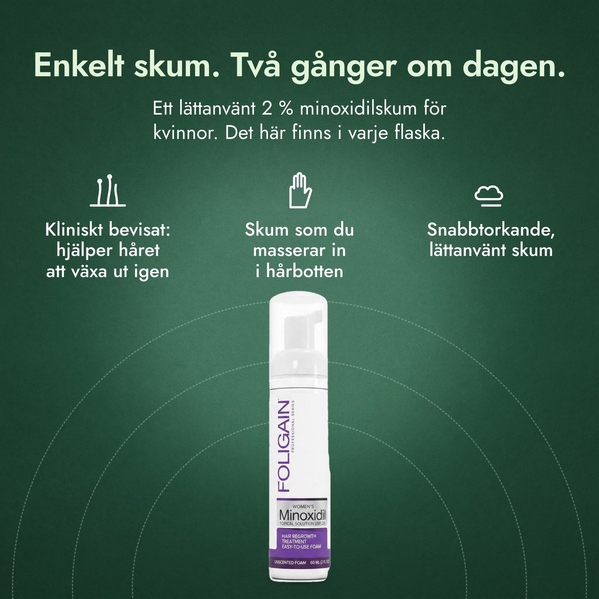 Foligain Minoxidil 2 % skum för kvinnor: Enkelt skum. Två gånger om dagen. Kliniskt bevisat: hjälper håret att växa ut igen, Skum som du masserar in i hårbotten, Snabbtorkande, lättanvänt skum