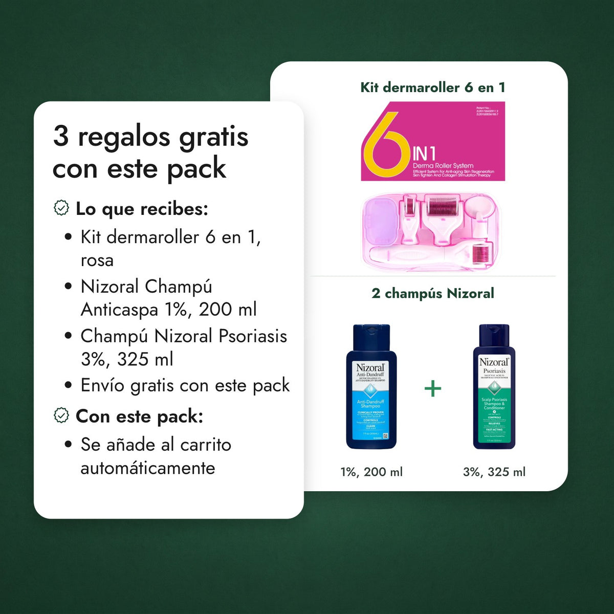 2 regalos gratis con este pack: Kit dermaroller 6 en 1, 2 champús Nizoral