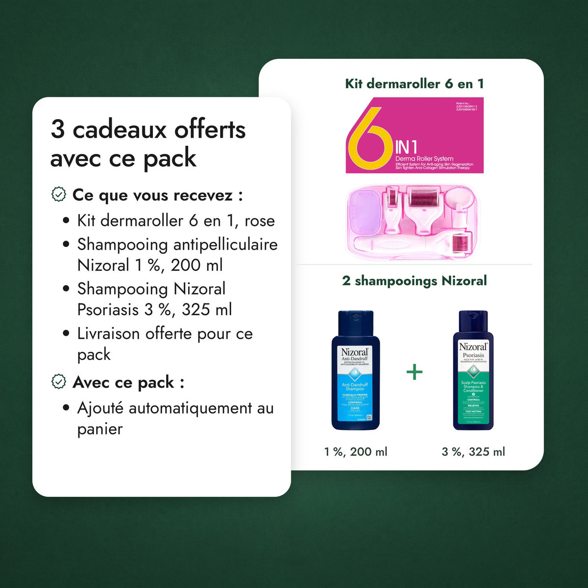2 cadeaux offerts avec ce pack: Kit dermaroller 6 en 1, 2 shampooings Nizoral