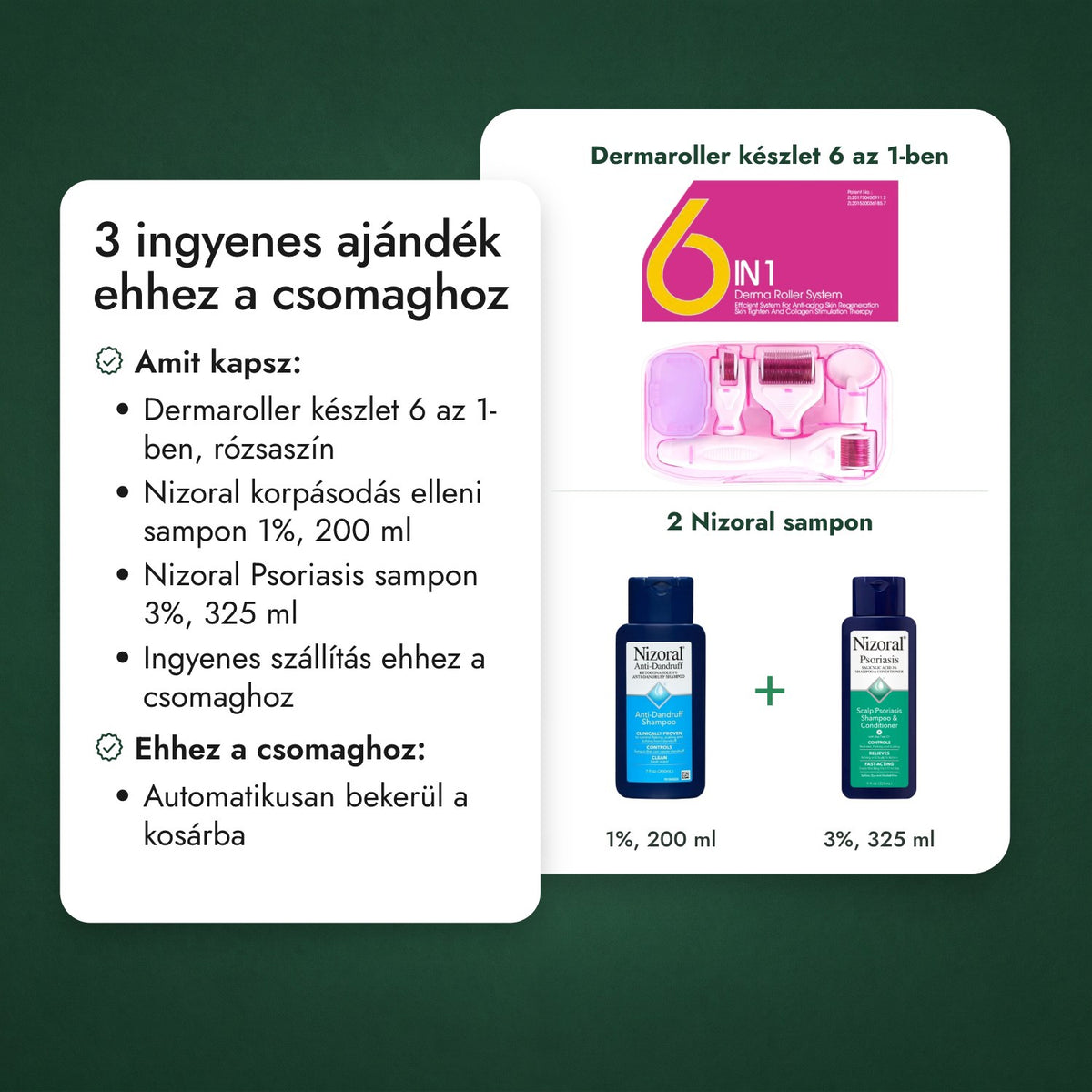2 ingyenes ajándék ehhez a csomaghoz: Dermaroller készlet 6 az 1-ben, 2 Nizoral sampon