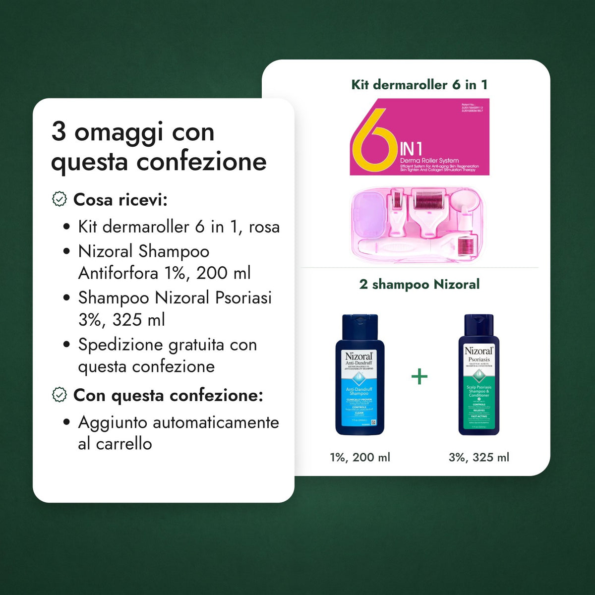 2 omaggi con questa confezione: Kit dermaroller 6 in 1, 2 shampoo Nizoral