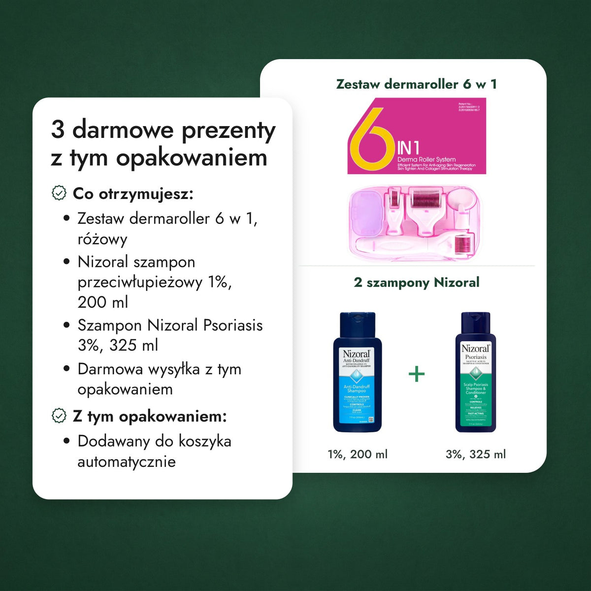 2 darmowe prezenty z tym opakowaniem: Zestaw dermaroller 6 w 1, 2 szampony Nizoral