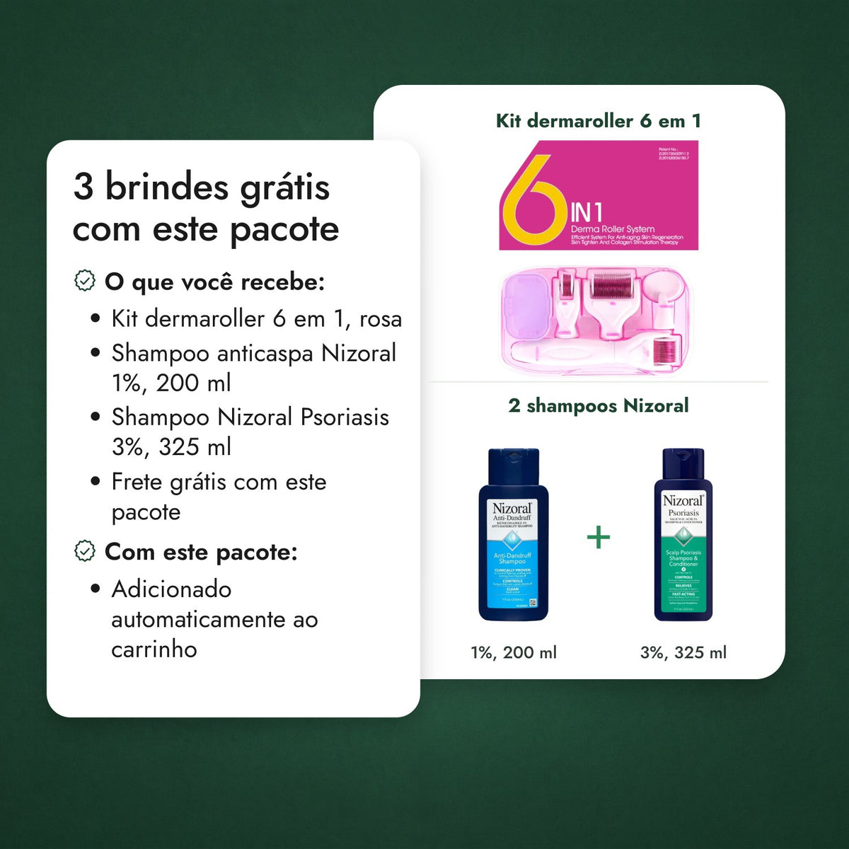 2 brindes grátis com este pacote: Kit dermaroller 6 em 1, 2 shampoos Nizoral