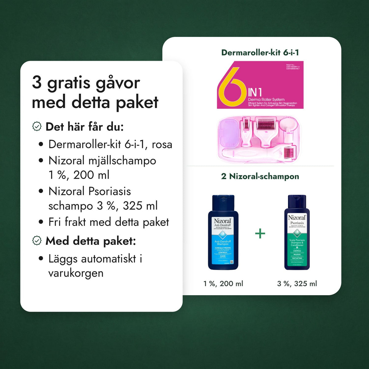 2 gratis gåvor med detta paket: Dermaroller-kit 6-i-1, 2 Nizoral-schampon