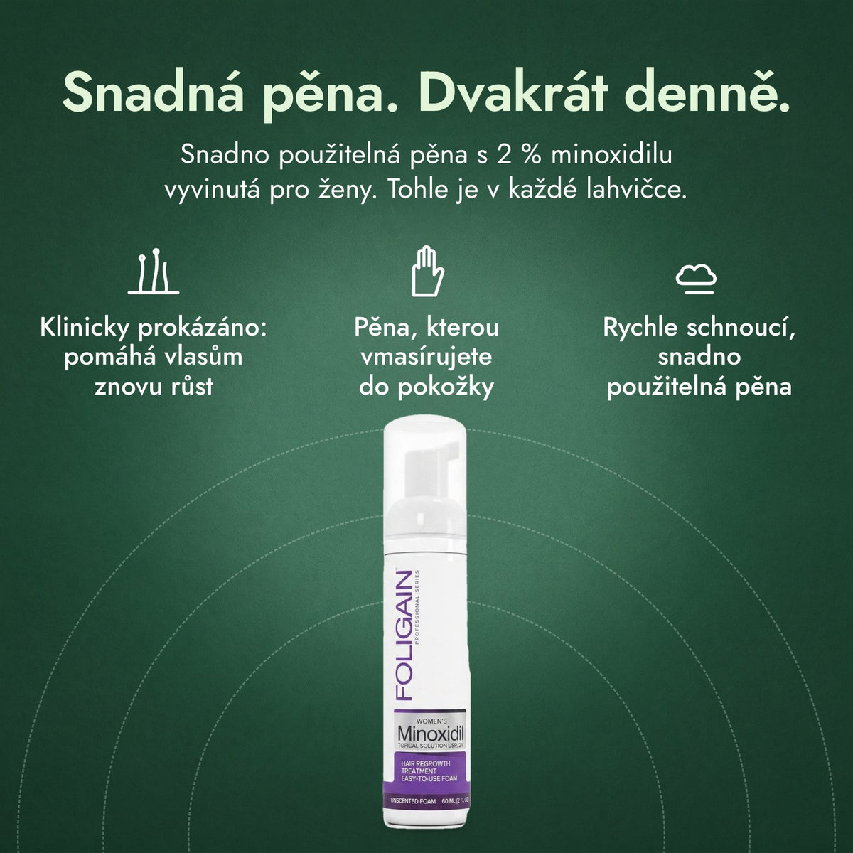 Foligain Minoxidil 2 % pěna pro ženy: Snadná pěna. Dvakrát denně. Klinicky prokázáno: pomáhá vlasům znovu růst, Pěna, kterou vmasírujete do pokožky, Rychle schnoucí, snadno použitelná pěna