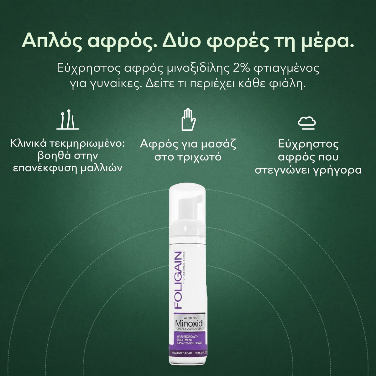Foligain αφρός μινοξιδίλης 2% για γυναίκες: Απλός αφρός. Δύο φορές τη μέρα. Κλινικά τεκμηριωμένο: βοηθά στην επανέκφυση μαλλιών, Αφρός για μασάζ στο τριχωτό, Εύχρηστος αφρός που στεγνώνει γρήγορα