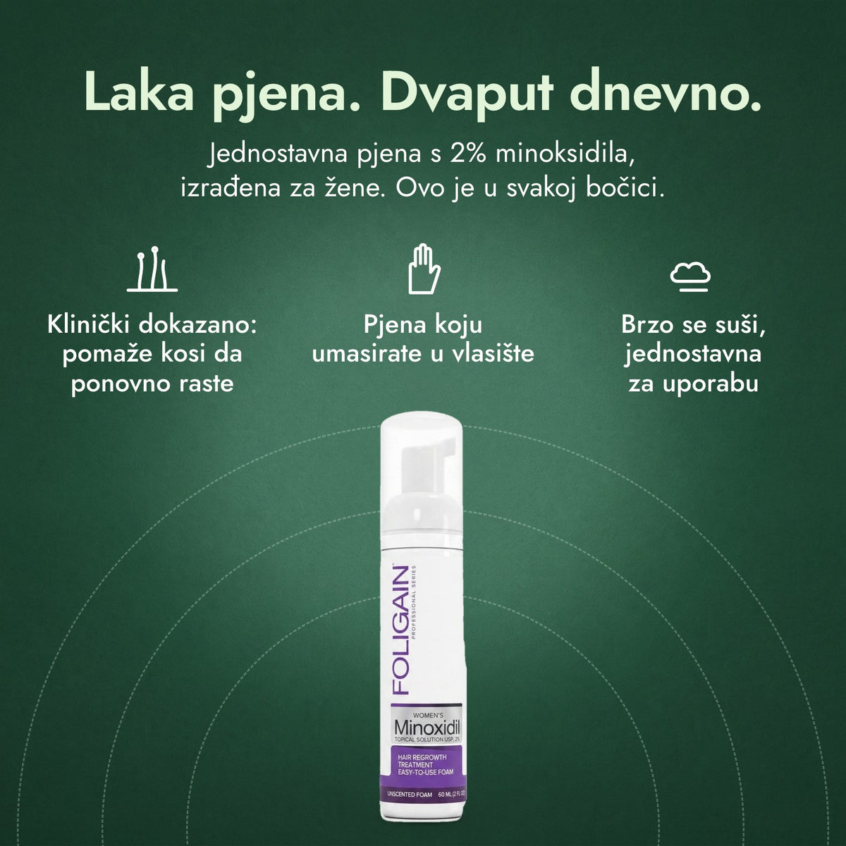 Foligain Minoxidil 2% pjena za žene: Laka pjena. Dvaput dnevno. Klinički dokazano: pomaže kosi da ponovno raste, Pjena koju umasirate u vlasište, Brzo se suši, jednostavna za uporabu