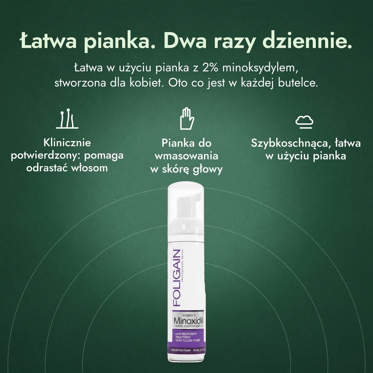 Foligain pianka z minoksydylem 2% dla kobiet: Łatwa pianka. Dwa razy dziennie. Klinicznie potwierdzony: pomaga odrastać włosom, Pianka do wmasowania w skórę głowy, Szybkoschnąca, łatwa w użyciu pianka