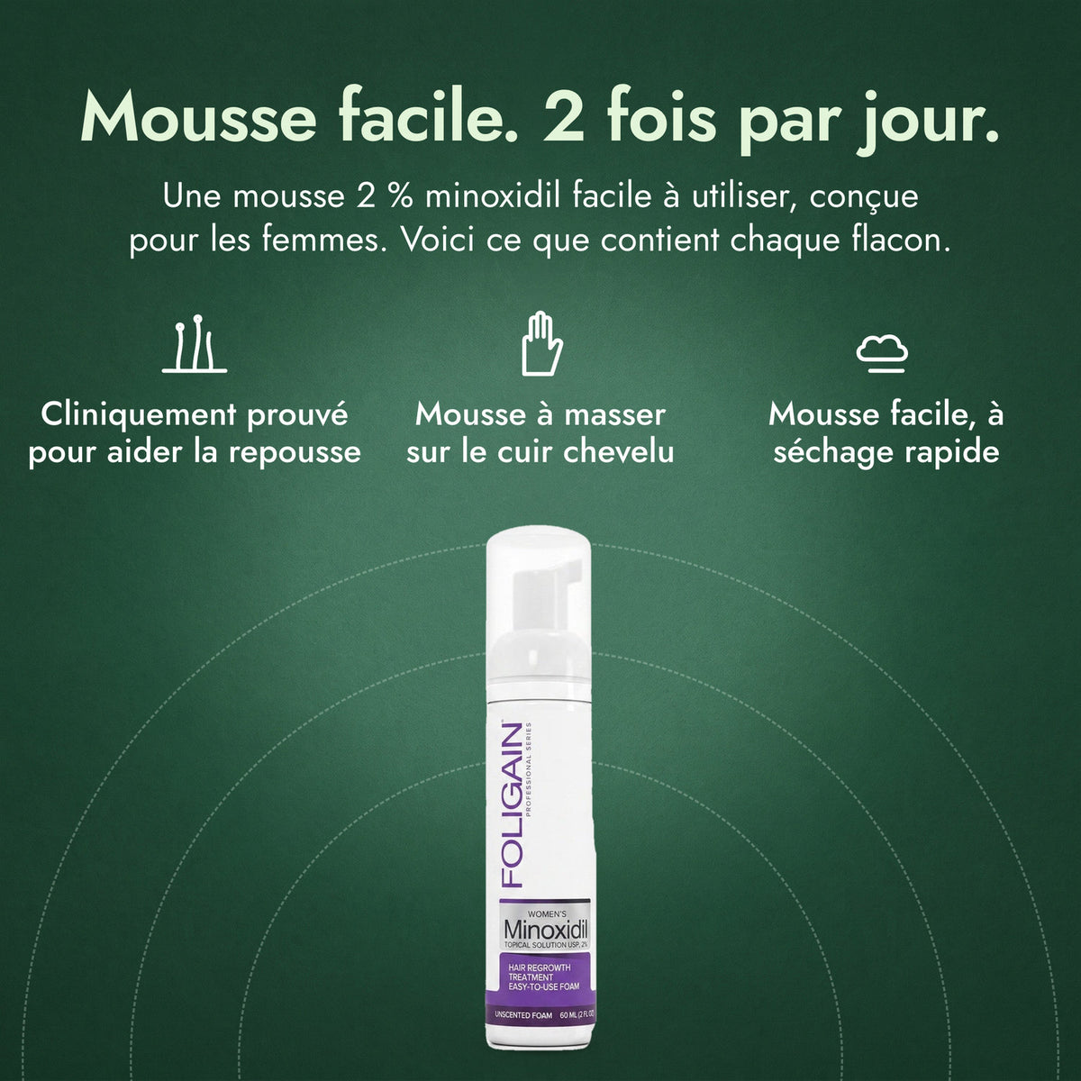 Foligain Minoxidil 2 % mousse pour femmes: Mousse facile. 2 fois par jour. Cliniquement prouvé pour aider la repousse, Mousse à masser sur le cuir chevelu, Mousse facile, à séchage rapide