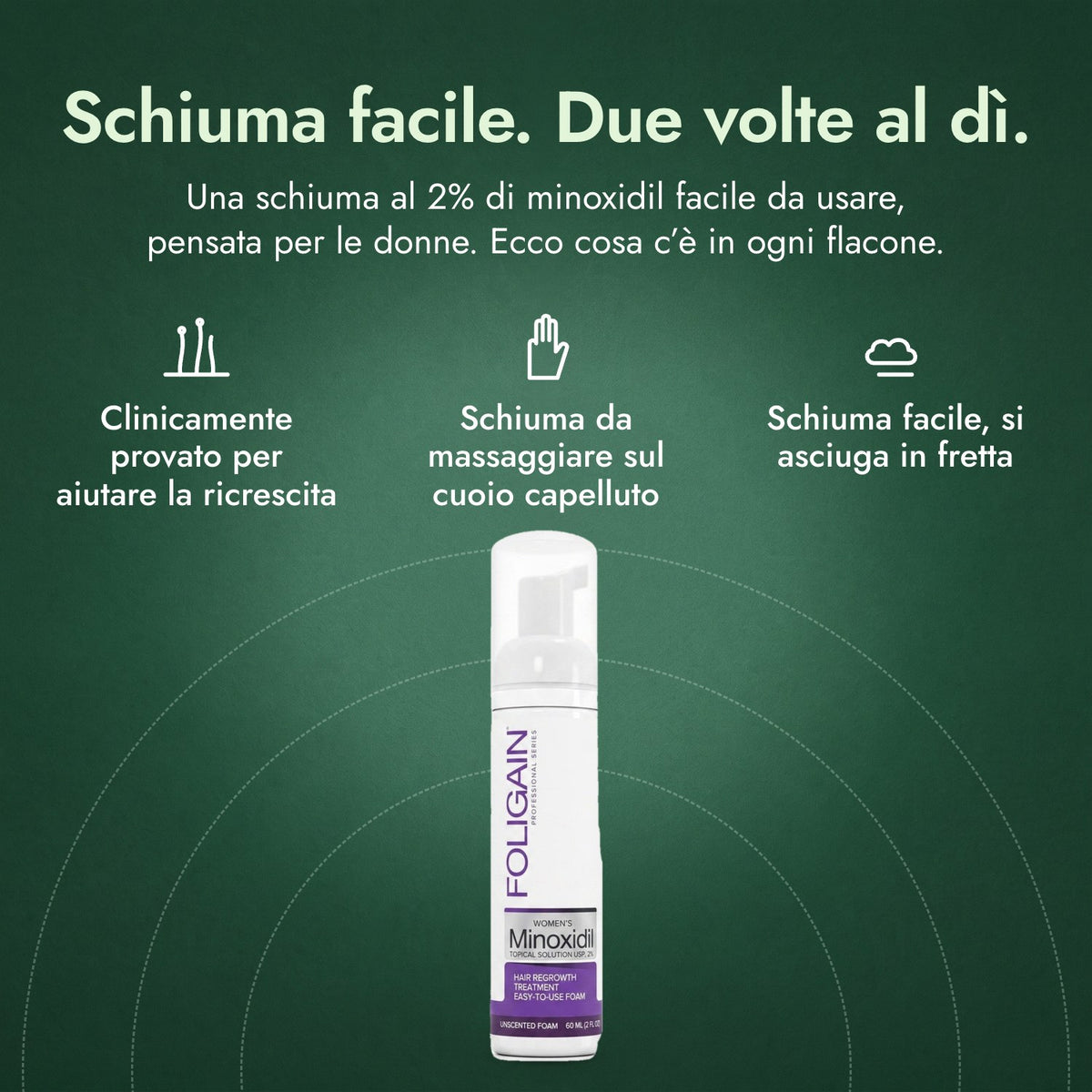 Foligain Minoxidil 2% Schiuma Donna: Schiuma facile. Due volte al dì. Clinicamente provato per aiutare la ricrescita, Schiuma da massaggiare sul cuoio capelluto, Schiuma facile, si asciuga in fretta