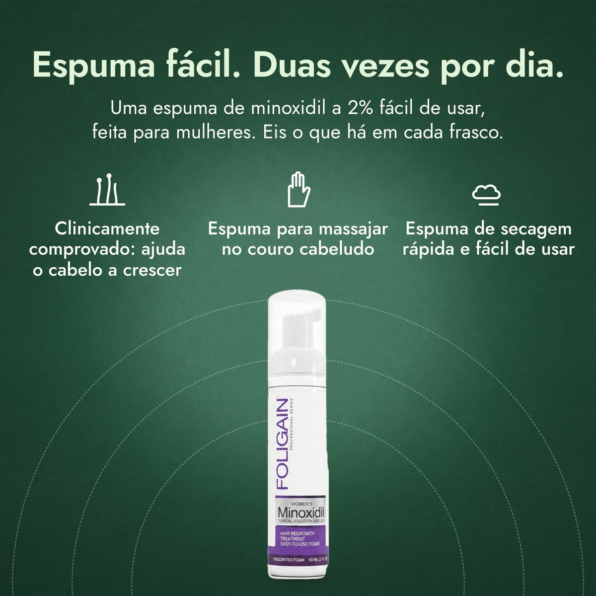 Foligain Minoxidil 2% Espuma para Mulher: Espuma fácil. Duas vezes por dia. Clinicamente comprovado: ajuda o cabelo a crescer, Espuma para massajar no couro cabeludo, Espuma de secagem rápida e fácil de usar