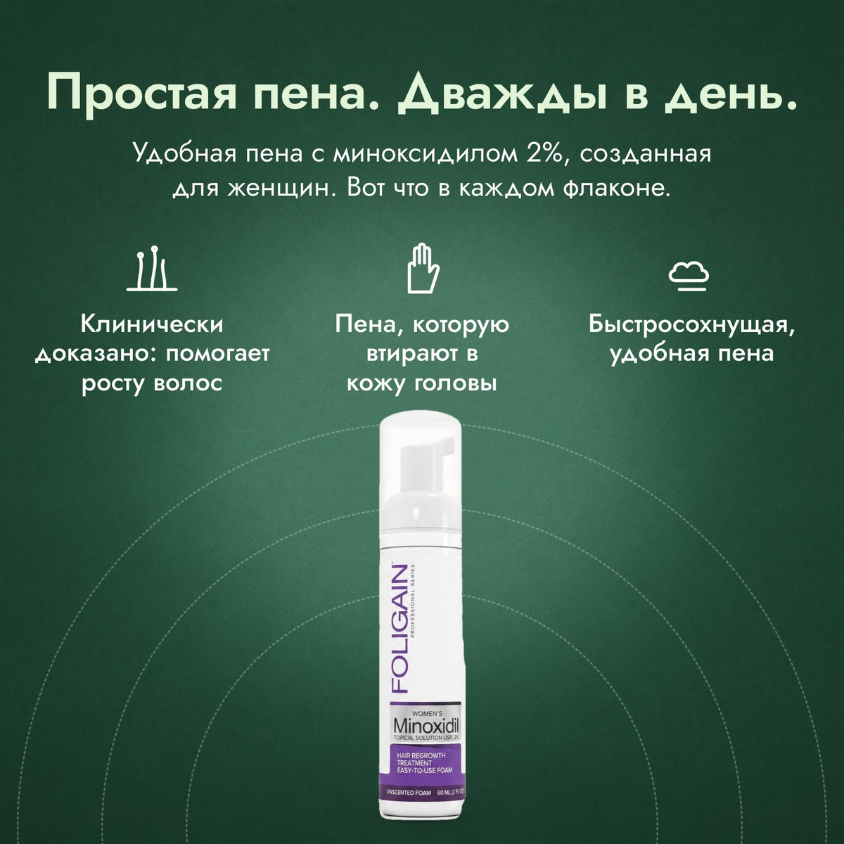 Foligain, пена миноксидил 2% для женщин: Простая пена. Дважды в день. Клинически доказано: помогает росту волос, Пена, которую втирают в кожу головы, Быстросохнущая, удобная пена