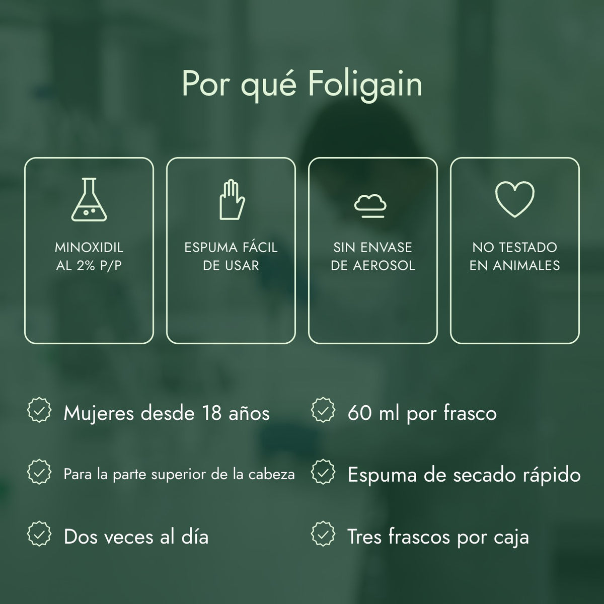 Por qué Foligain: Minoxidil al 2% p/p, Espuma fácil de usar, Sin envase de aerosol, No testado en animales