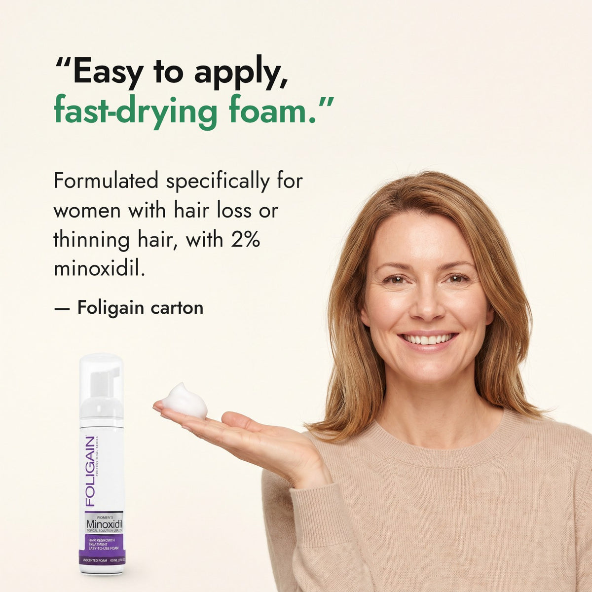 Easy to apply, fast-drying foam. — Foligain carton