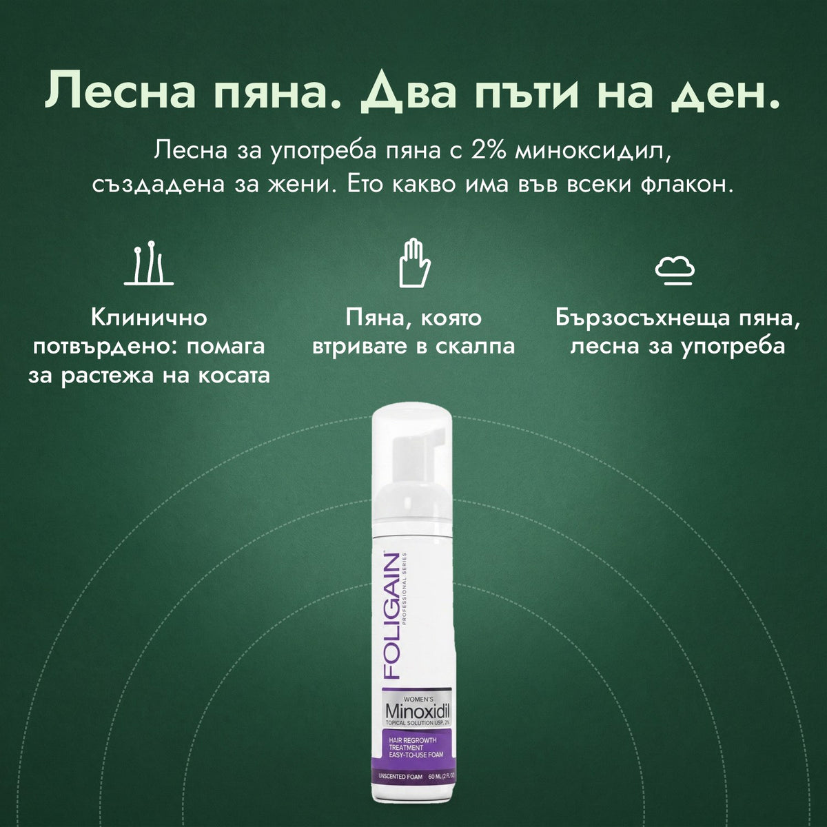 Foligain пяна с миноксидил 2% за жени: Лесна пяна. Два пъти на ден. Клинично потвърдено: помага за растежа на косата, Пяна, която втривате в скалпа, Бързосъхнеща пяна, лесна за употреба