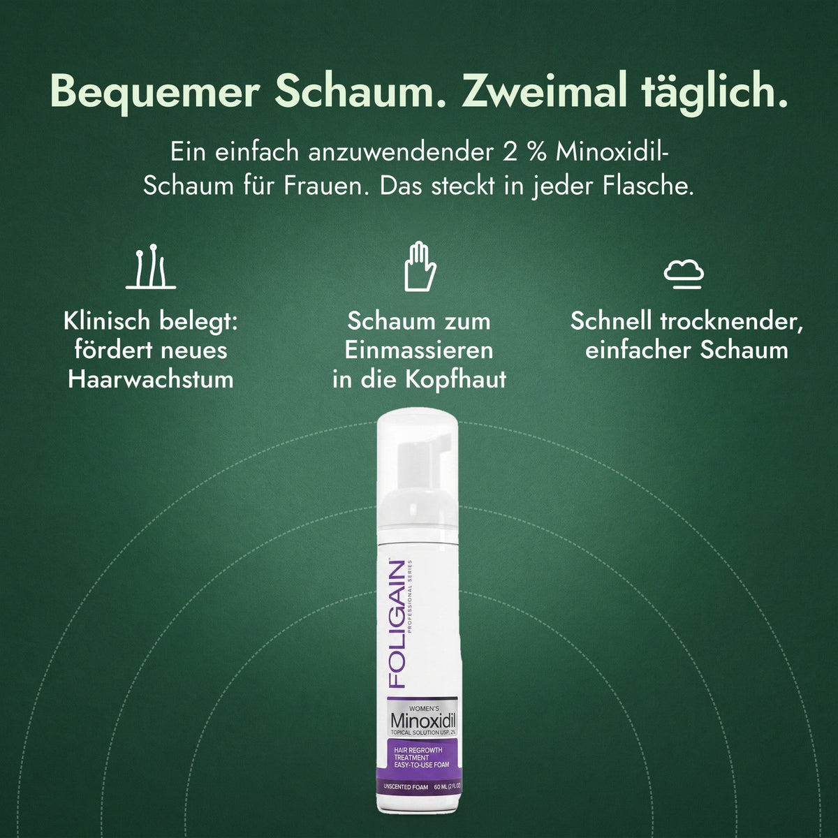 Foligain Minoxidil 2 % Schaum für Frauen: Bequemer Schaum. Zweimal täglich. Klinisch belegt: fördert neues Haarwachstum, Schaum zum Einmassieren in die Kopfhaut, Schnell trocknender, einfacher Schaum