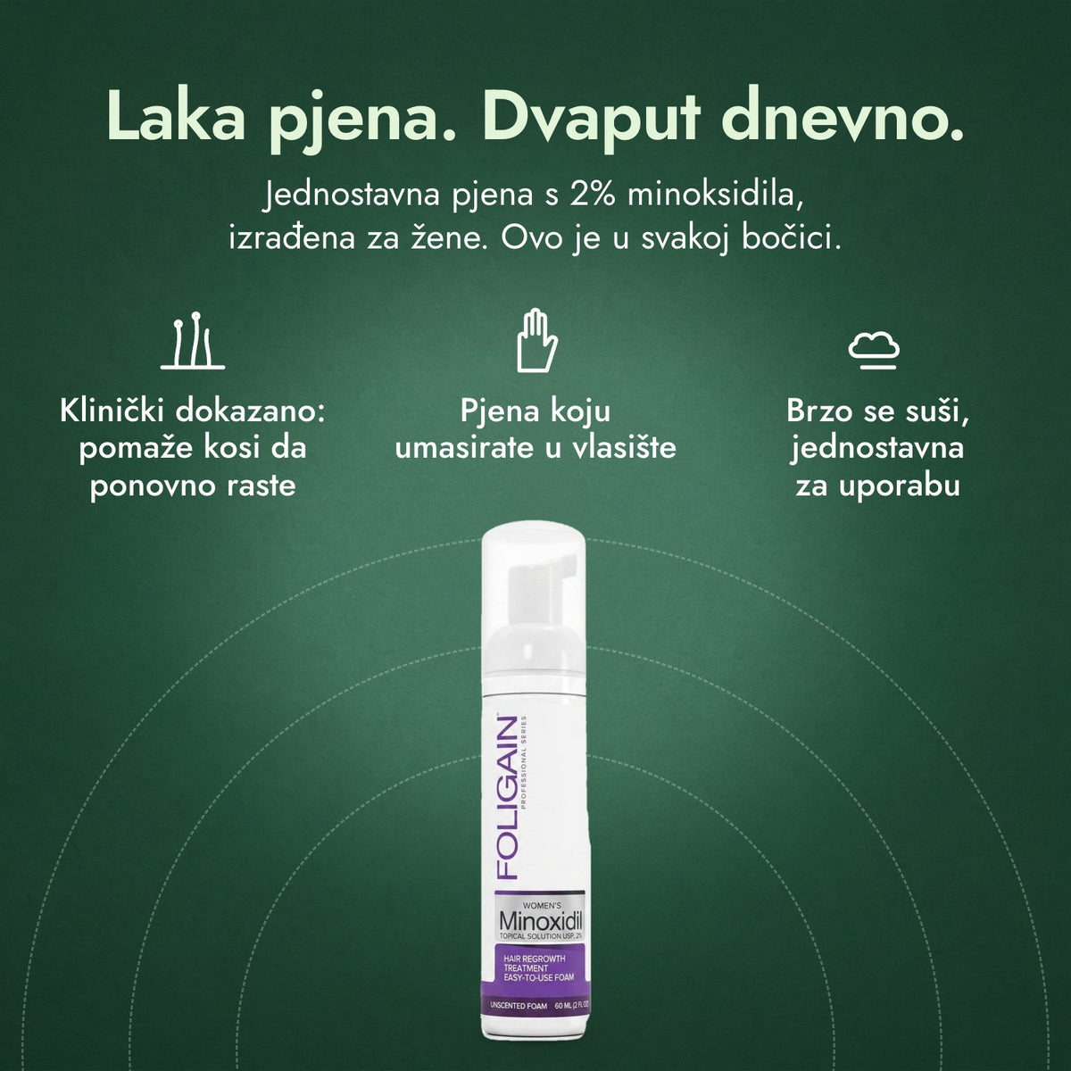 Foligain Minoxidil 2% pjena za žene: Laka pjena. Dvaput dnevno. Klinički dokazano: pomaže kosi da ponovno raste, Pjena koju umasirate u vlasište, Brzo se suši, jednostavna za uporabu