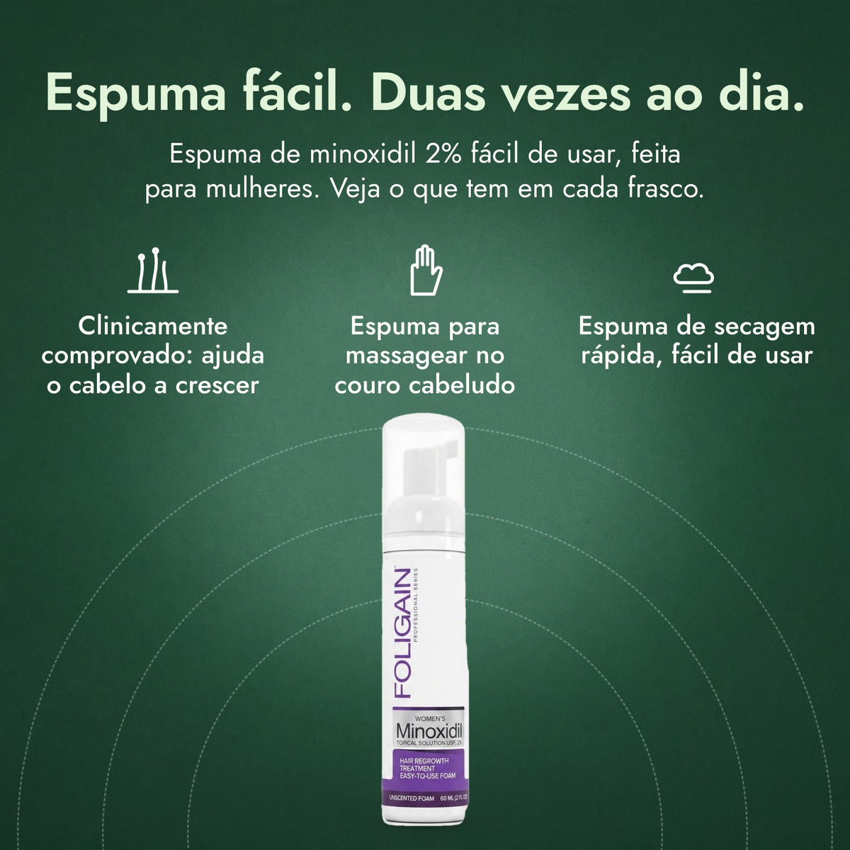 Foligain Minoxidil 2% Espuma para Mulheres: Espuma fácil. Duas vezes ao dia. Clinicamente comprovado: ajuda o cabelo a crescer, Espuma para massagear no couro cabeludo, Espuma de secagem rápida, fácil de usar