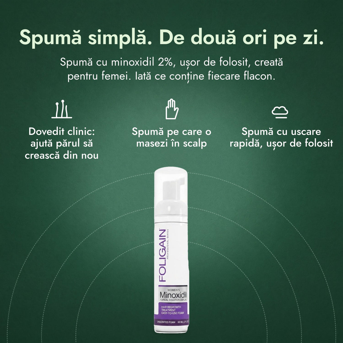 Foligain spumă cu minoxidil 2% pentru femei: Spumă simplă. De două ori pe zi. Dovedit clinic: ajută părul să crească din nou, Spumă pe care o masezi în scalp, Spumă cu uscare rapidă, ușor de folosit