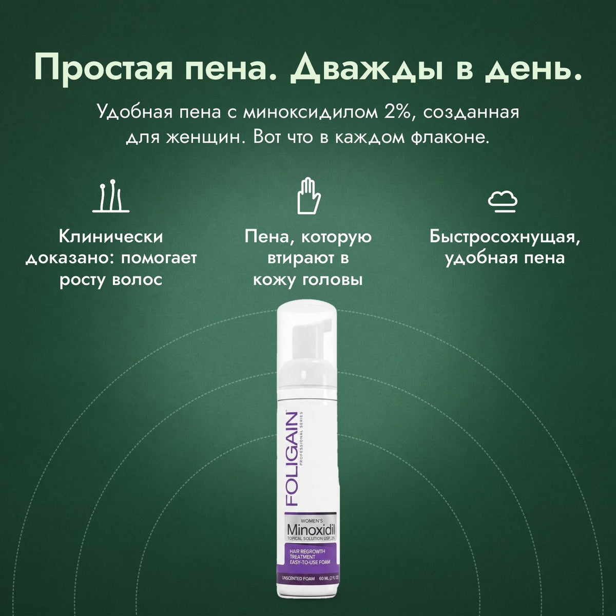 Foligain, пена миноксидил 2% для женщин: Простая пена. Дважды в день. Клинически доказано: помогает росту волос, Пена, которую втирают в кожу головы, Быстросохнущая, удобная пена