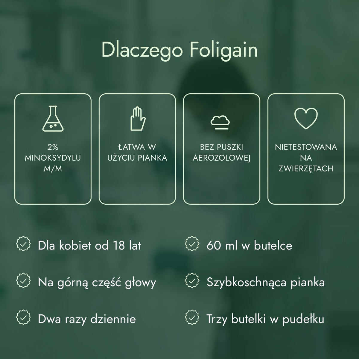 Dlaczego Foligain: 2% minoksydylu m/m, Łatwa w użyciu pianka, Bez puszki aerozolowej, Nietestowana na zwierzętach
