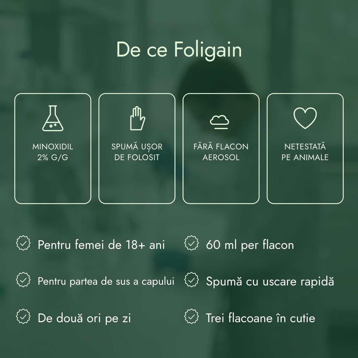 De ce Foligain: Minoxidil 2% g/g, Spumă ușor de folosit, Fără flacon aerosol, Netestată pe animale