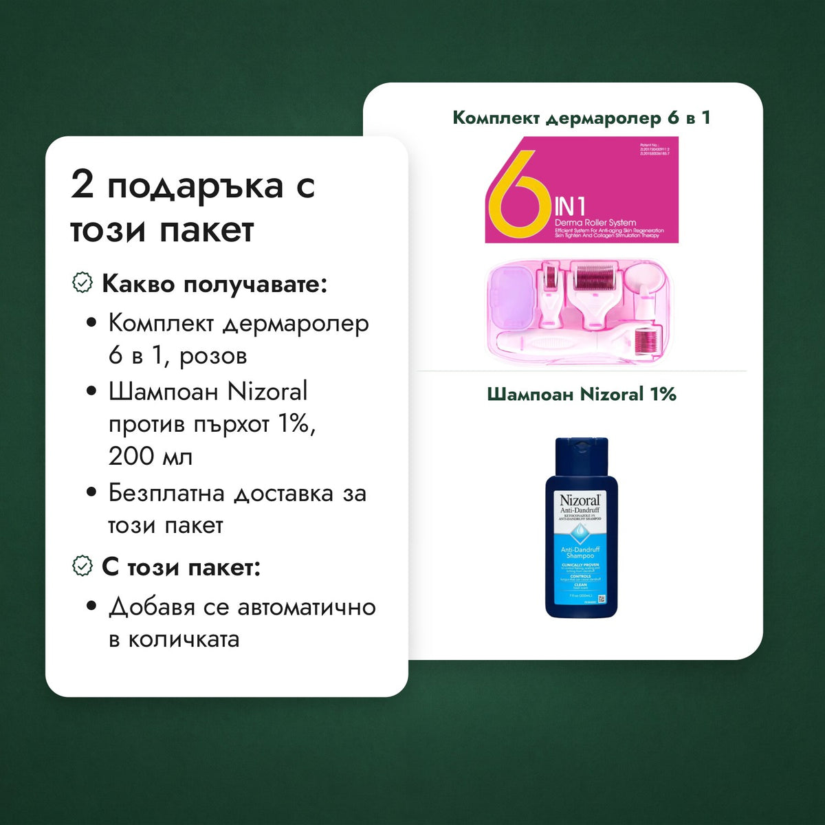 2 подаръка с този пакет: Комплект дермаролер 6 в 1, Шампоан Nizoral 1%