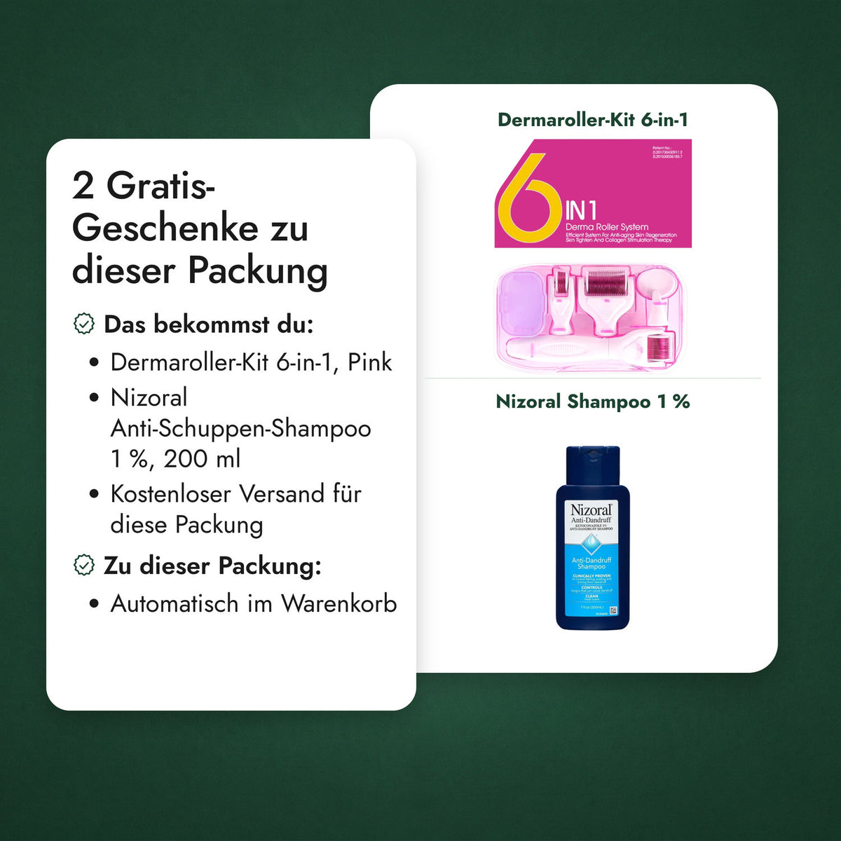 2 Gratis-Geschenke zu dieser Packung: Dermaroller-Kit 6-in-1, Nizoral Shampoo 1 %