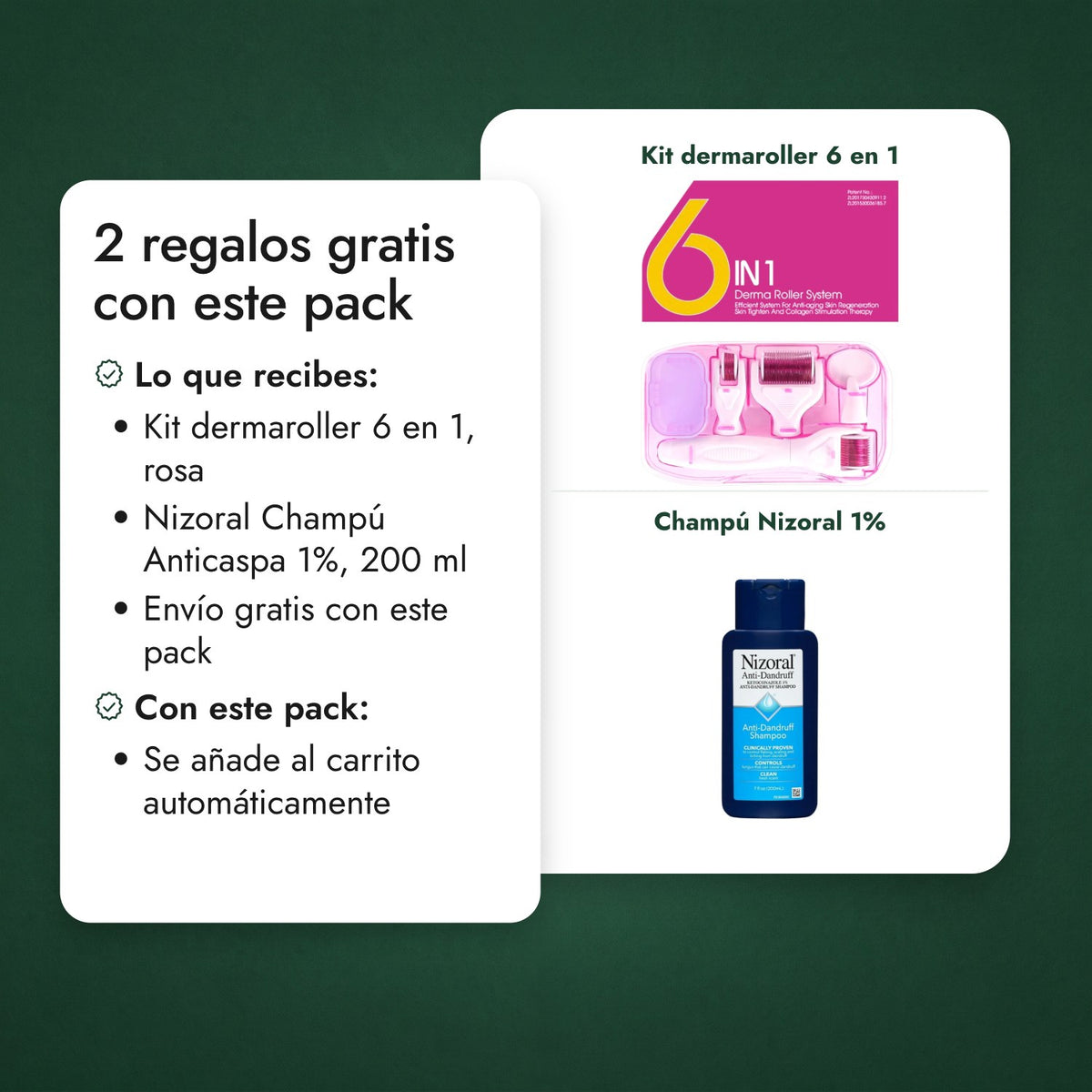 2 regalos gratis con este pack: Kit dermaroller 6 en 1, Champú Nizoral 1%