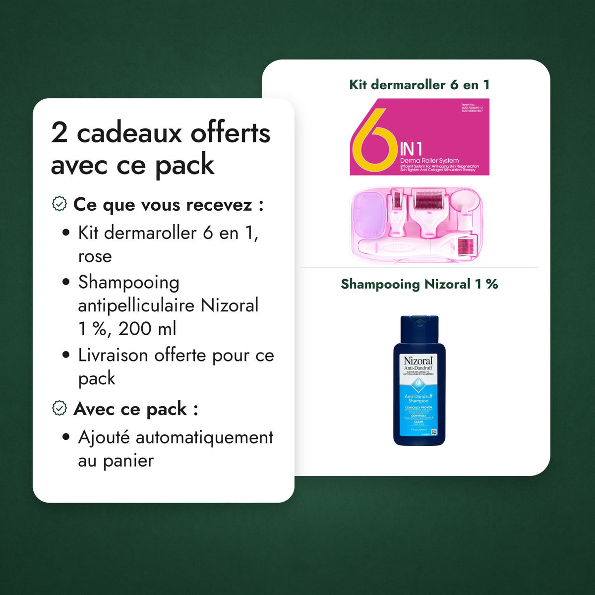 2 cadeaux offerts avec ce pack: Kit dermaroller 6 en 1, Shampooing Nizoral 1 %