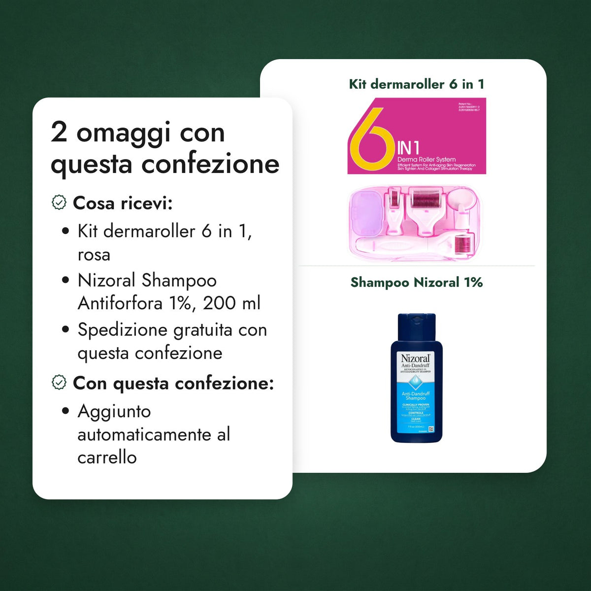 2 omaggi con questa confezione: Kit dermaroller 6 in 1, Shampoo Nizoral 1%