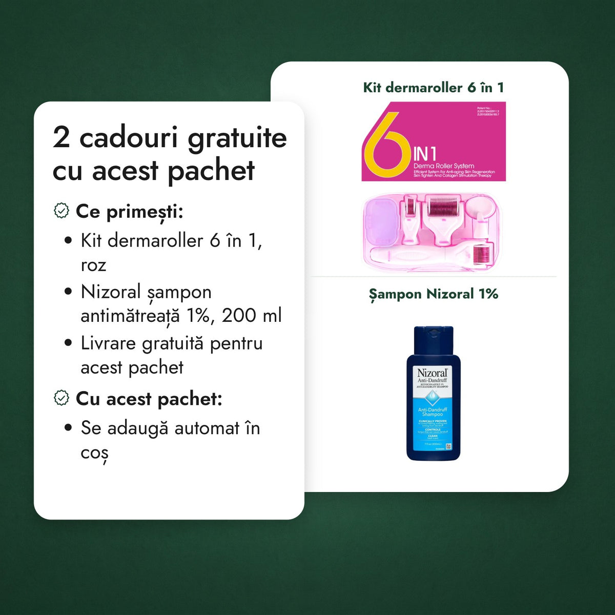 2 cadouri gratuite cu acest pachet: Kit dermaroller 6 în 1, Șampon Nizoral 1%