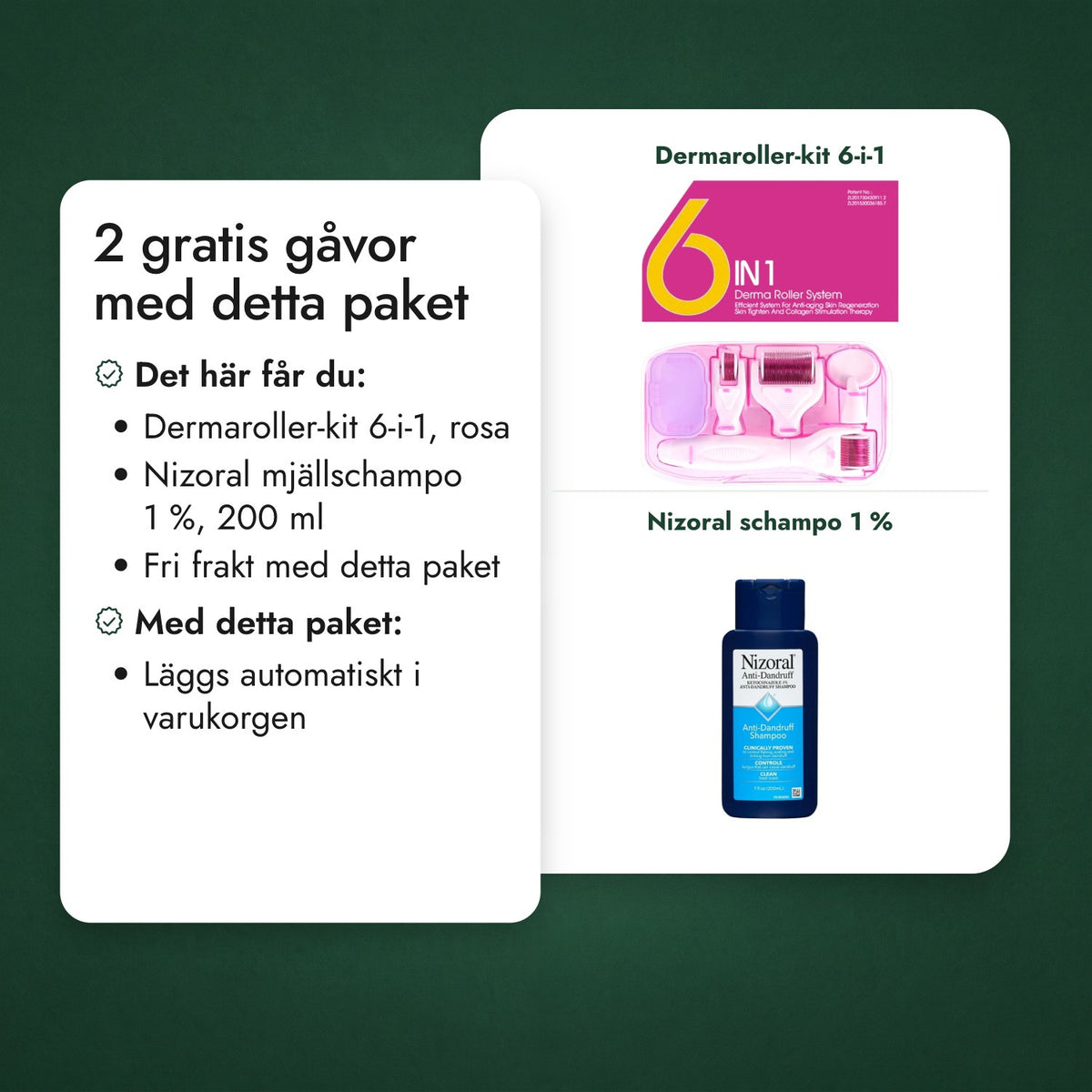 2 gratis gåvor med detta paket: Dermaroller-kit 6-i-1, Nizoral schampo 1 %