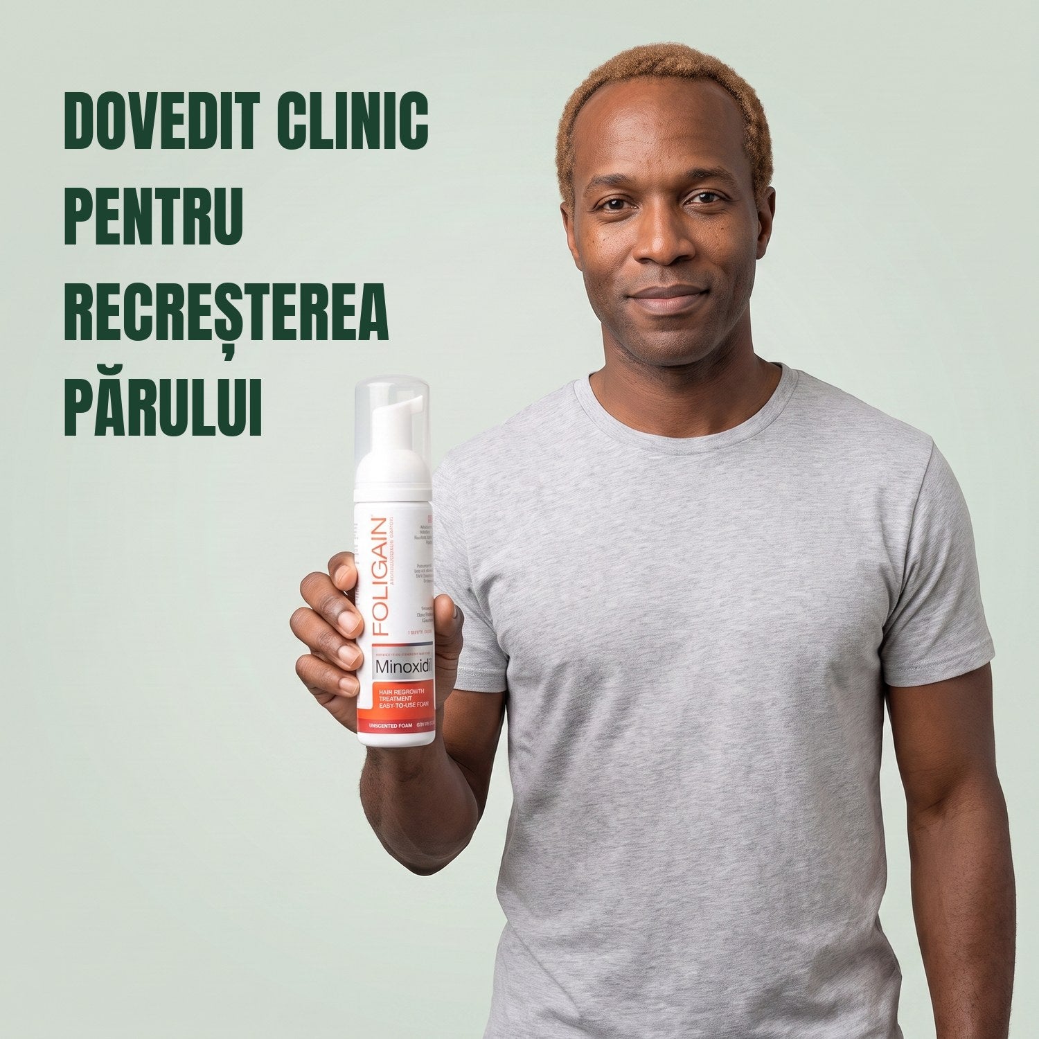 Man holding the Foligain Minoxidil 5% foam can for men against a green background