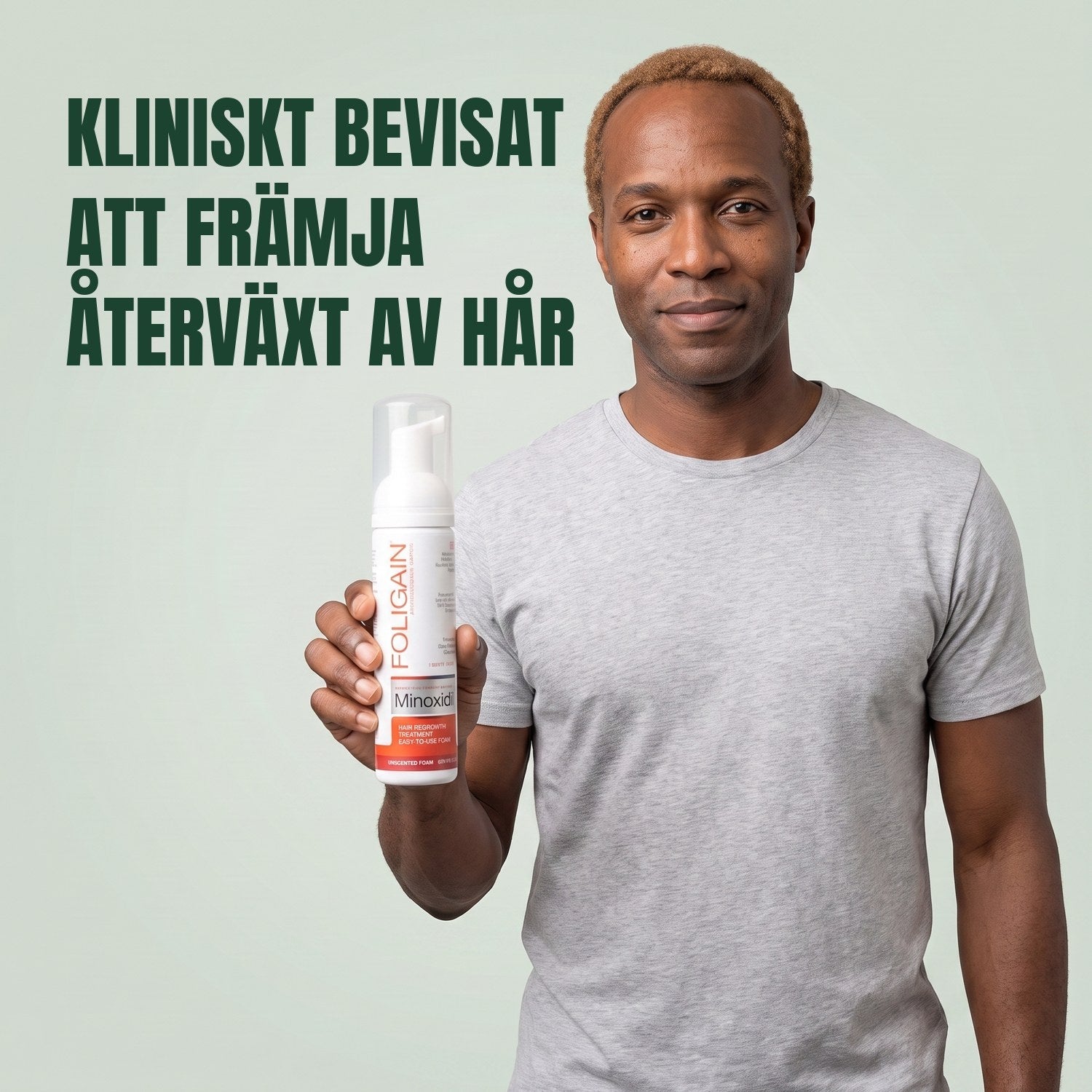 Man holding the Foligain Minoxidil 5% foam can for men against a green background