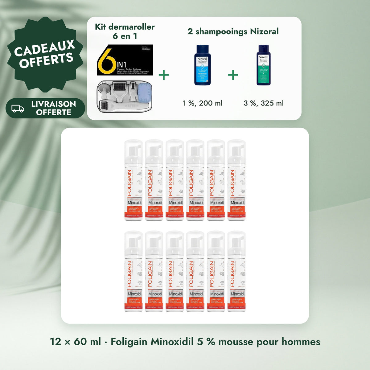 12 × 60 ml · Foligain Minoxidil 5 % mousse pour hommes: Kit dermaroller 6 en 1, 2 shampooings Nizoral