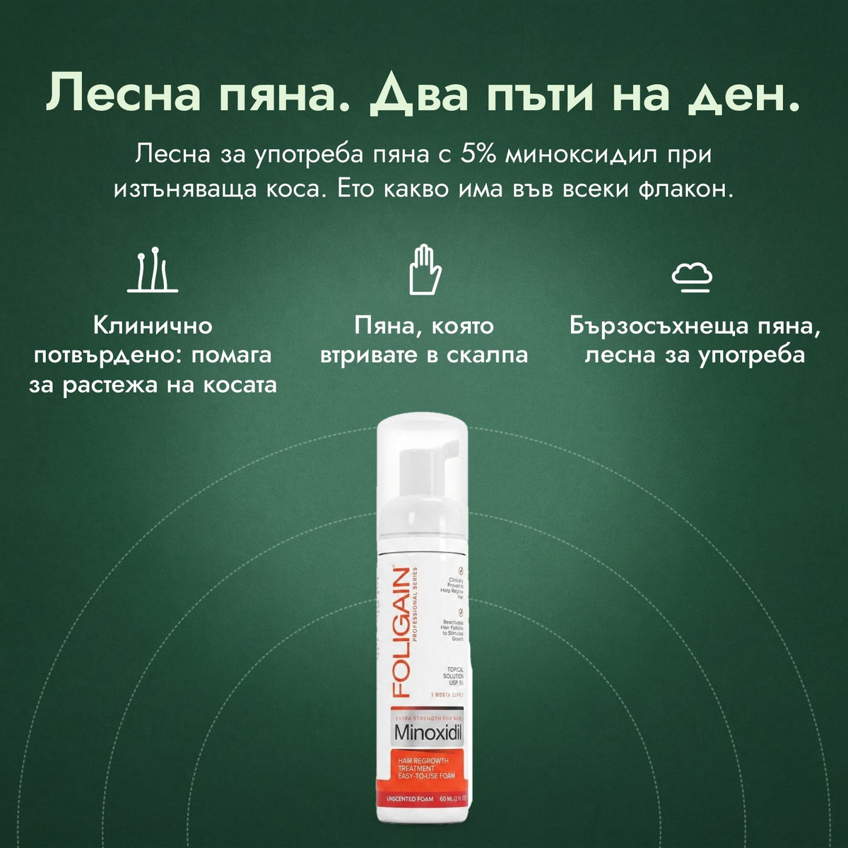 Foligain пяна с миноксидил 5% за мъже: Лесна пяна. Два пъти на ден. Клинично потвърдено: помага за растежа на косата, Пяна, която втривате в скалпа, Бързосъхнеща пяна, лесна за употреба