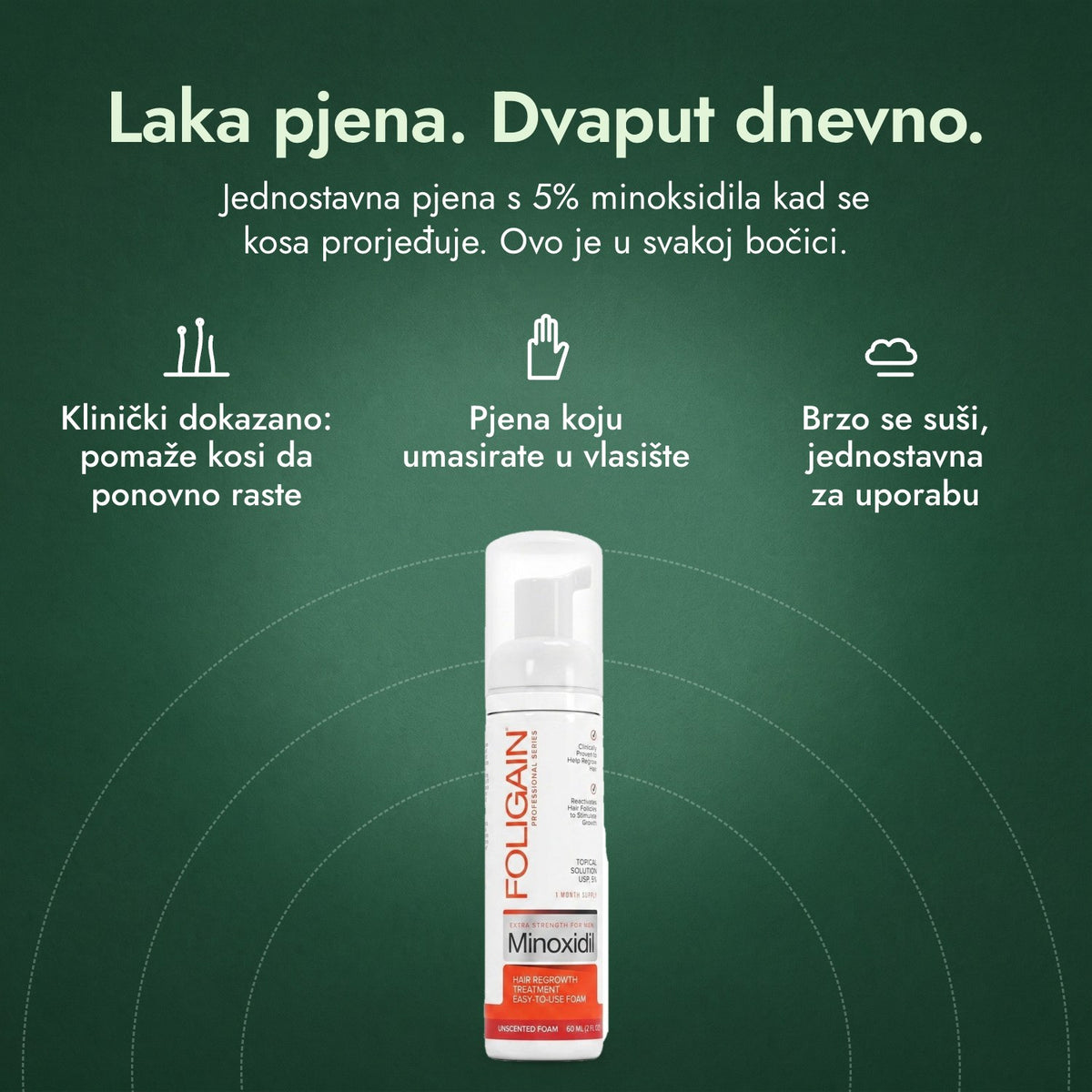 Foligain Minoxidil 5% pjena za muškarce: Laka pjena. Dvaput dnevno. Klinički dokazano: pomaže kosi da ponovno raste, Pjena koju umasirate u vlasište, Brzo se suši, jednostavna za uporabu