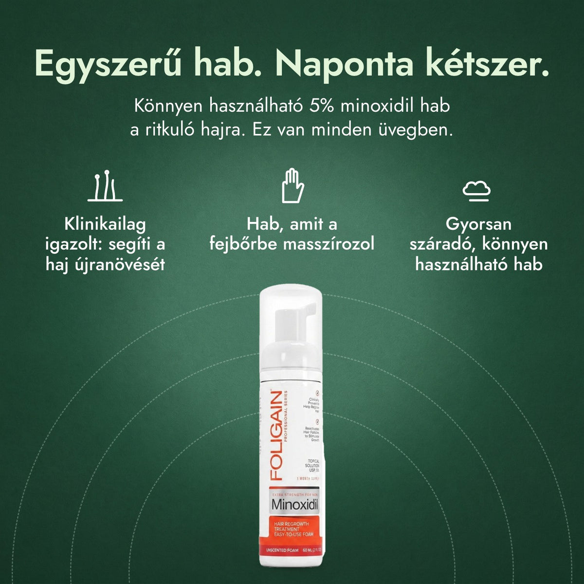 Foligain Minoxidil 5% hab férfiaknak: Egyszerű hab. Naponta kétszer. Klinikailag igazolt: segíti a haj újranövését, Hab, amit a fejbőrbe masszírozol, Gyorsan száradó, könnyen használható hab
