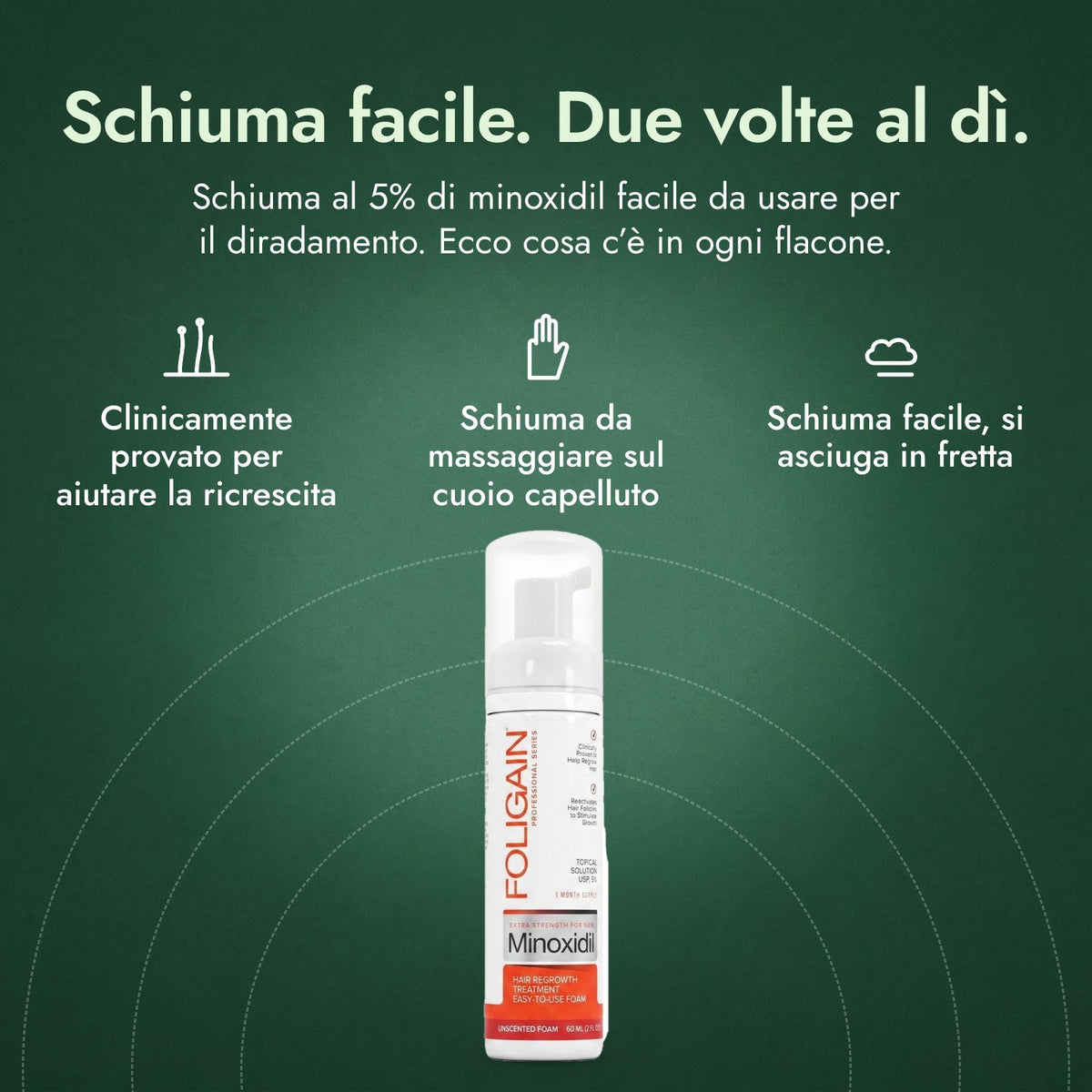 Foligain Minoxidil 5% Schiuma Uomo: Schiuma facile. Due volte al dì. Clinicamente provato per aiutare la ricrescita, Schiuma da massaggiare sul cuoio capelluto, Schiuma facile, si asciuga in fretta
