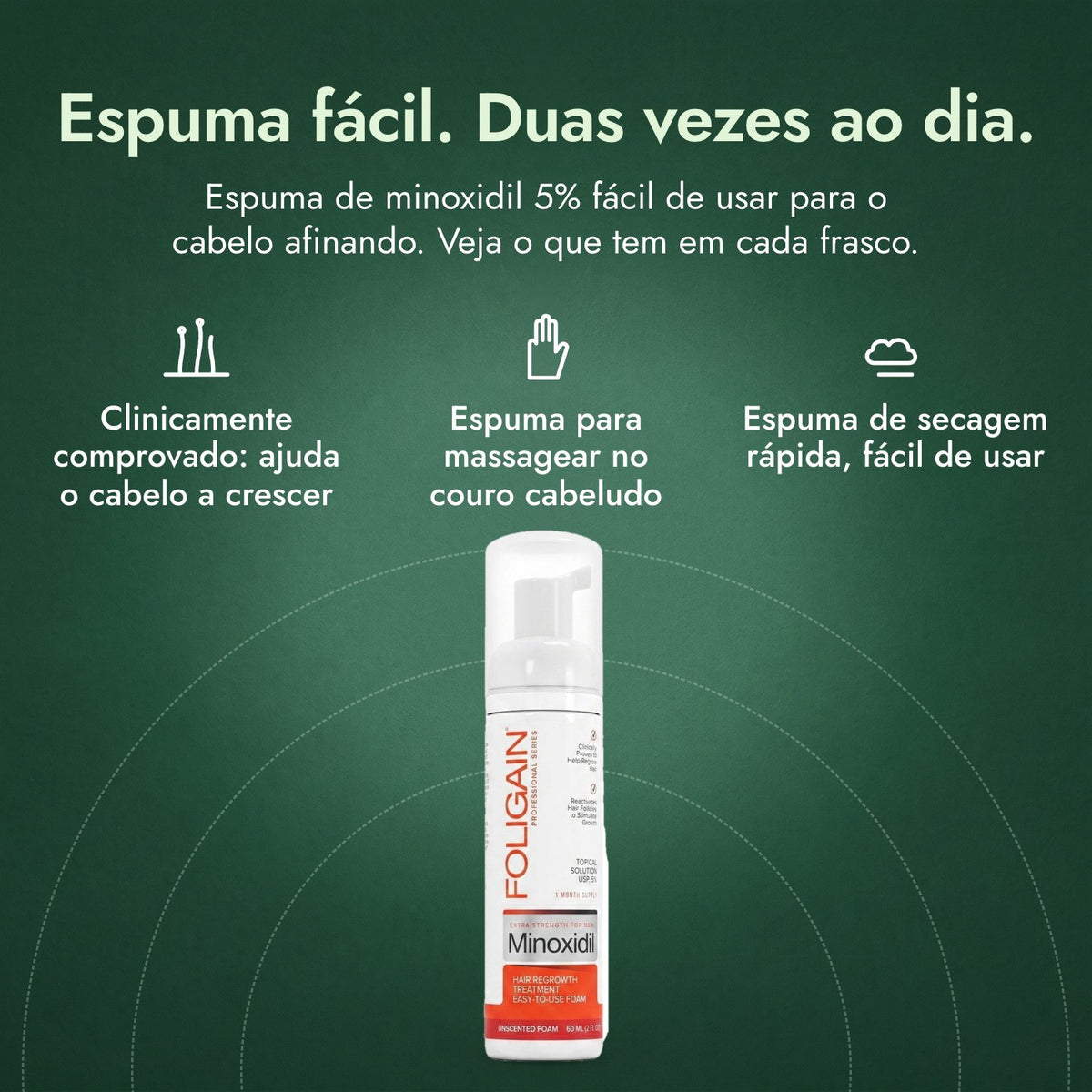 Foligain Minoxidil 5% Espuma para Homens: Espuma fácil. Duas vezes ao dia. Clinicamente comprovado: ajuda o cabelo a crescer, Espuma para massagear no couro cabeludo, Espuma de secagem rápida, fácil de usar