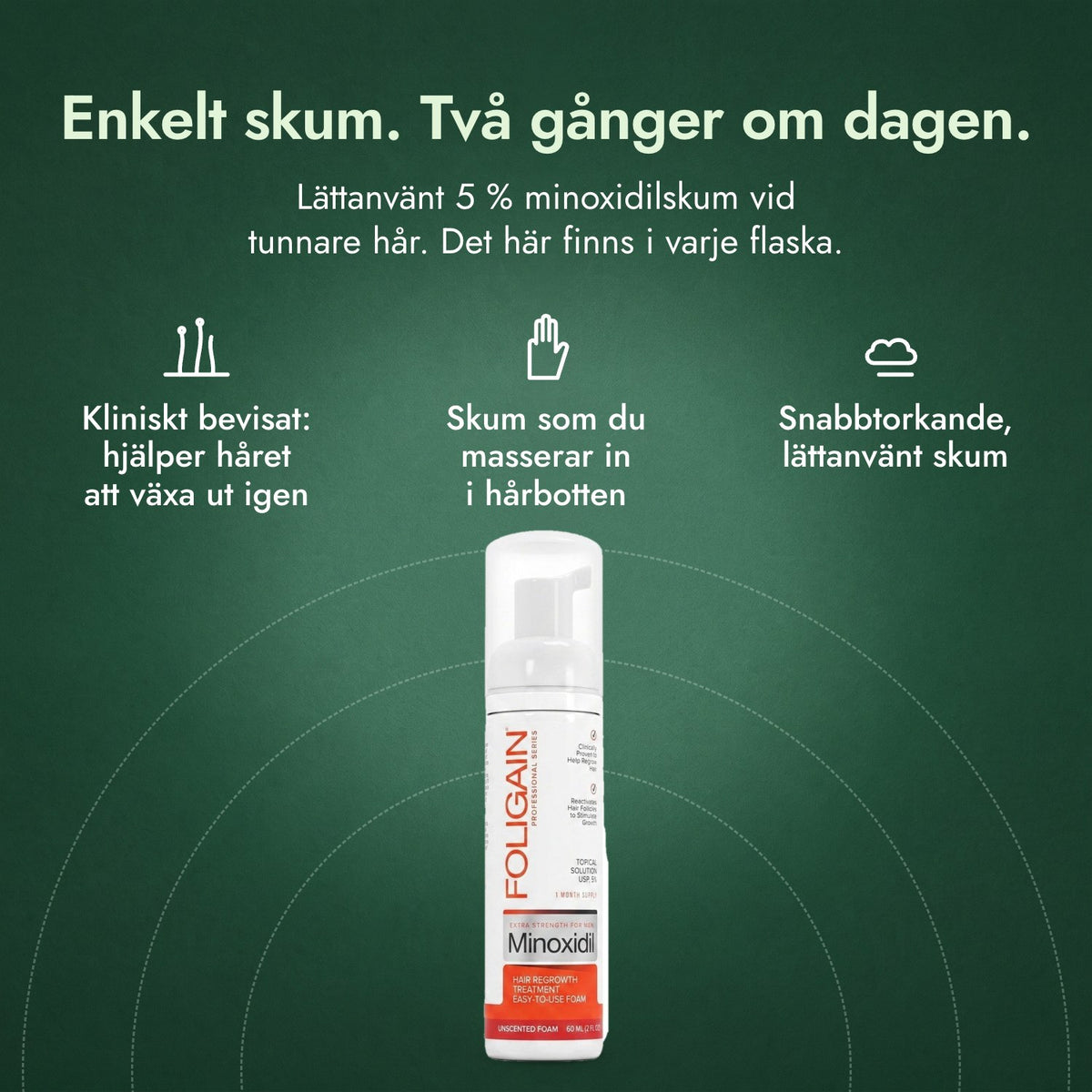 Foligain Minoxidil 5 % skum för män: Enkelt skum. Två gånger om dagen. Kliniskt bevisat: hjälper håret att växa ut igen, Skum som du masserar in i hårbotten, Snabbtorkande, lättanvänt skum