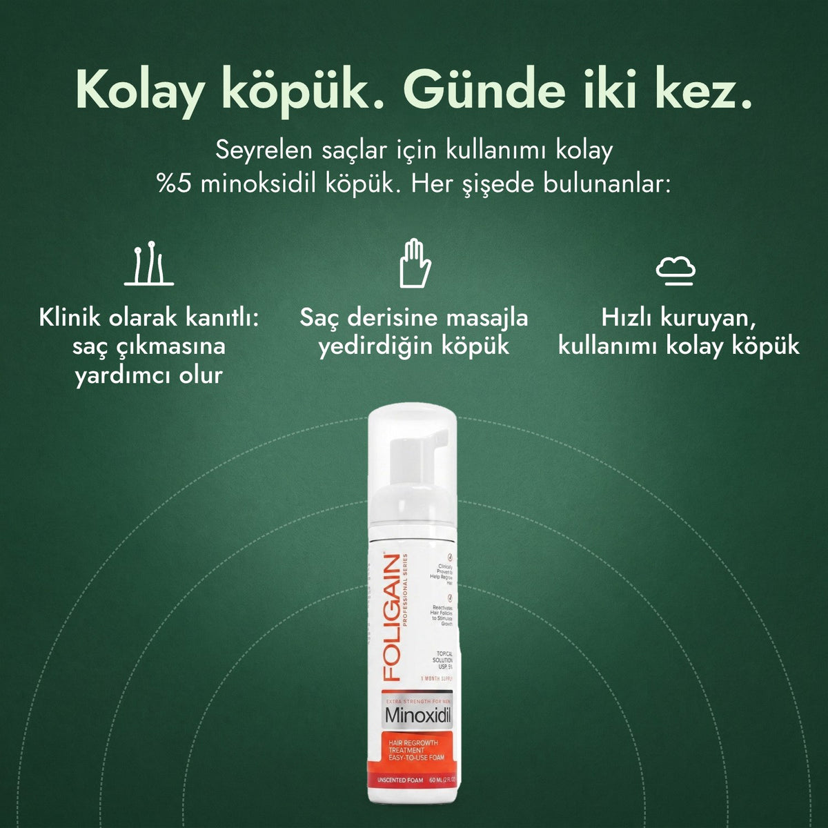 Erkekler için Foligain %5 Minoksidil Köpük: Kolay köpük. Günde iki kez. Klinik olarak kanıtlı: saç çıkmasına yardımcı olur, Saç derisine masajla yedirdiğin köpük, Hızlı kuruyan, kullanımı kolay köpük