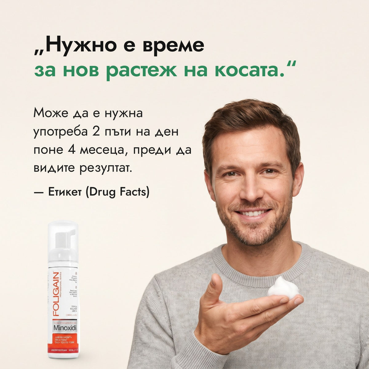 Нужно е време за нов растеж на косата. — Етикет (Drug Facts)