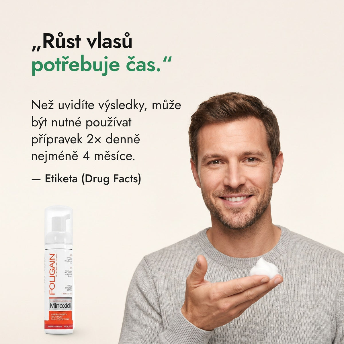 Růst vlasů potřebuje čas. — Etiketa (Drug Facts)