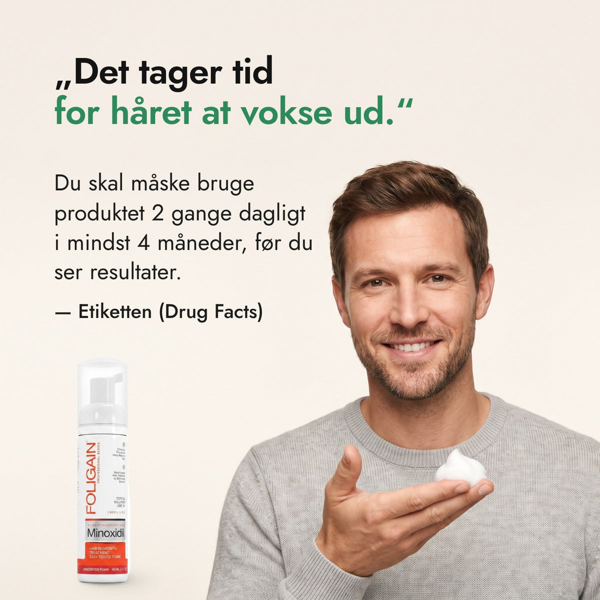 Det tager tid for håret at vokse ud. — Etiketten (Drug Facts)